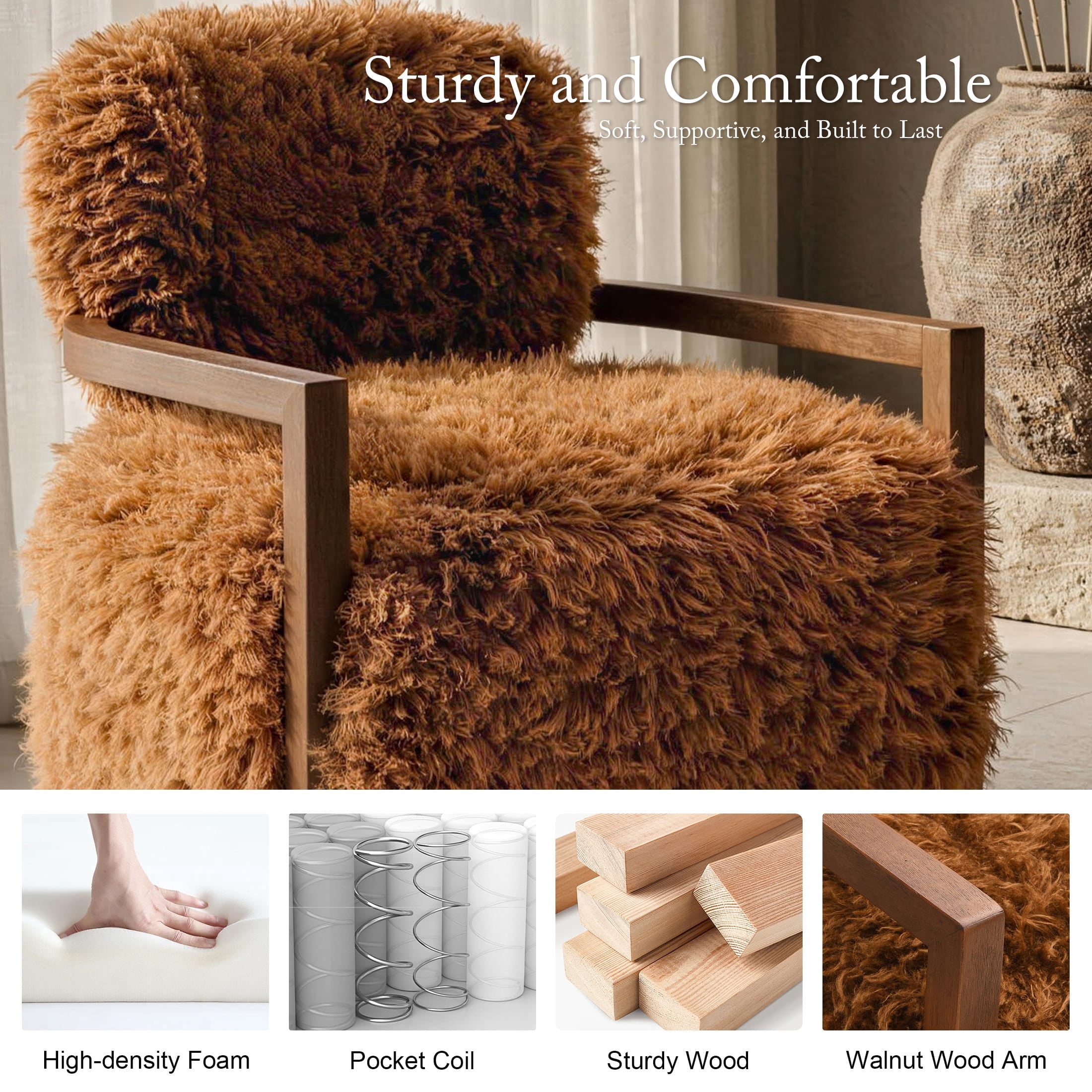 Aenkyo Yeti Contemporary Faux Fur Accent Chair with Walnut Wood Arms, Orange