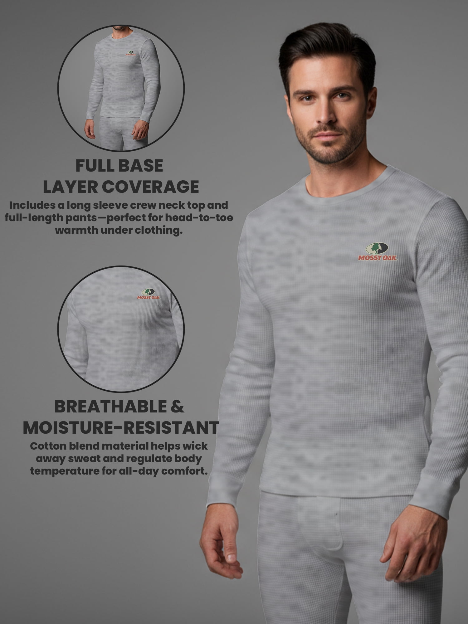 Mossy Oak Mens Thermal Underwear Set Insulated Shirt & Long Johns, Grey Heather 2X