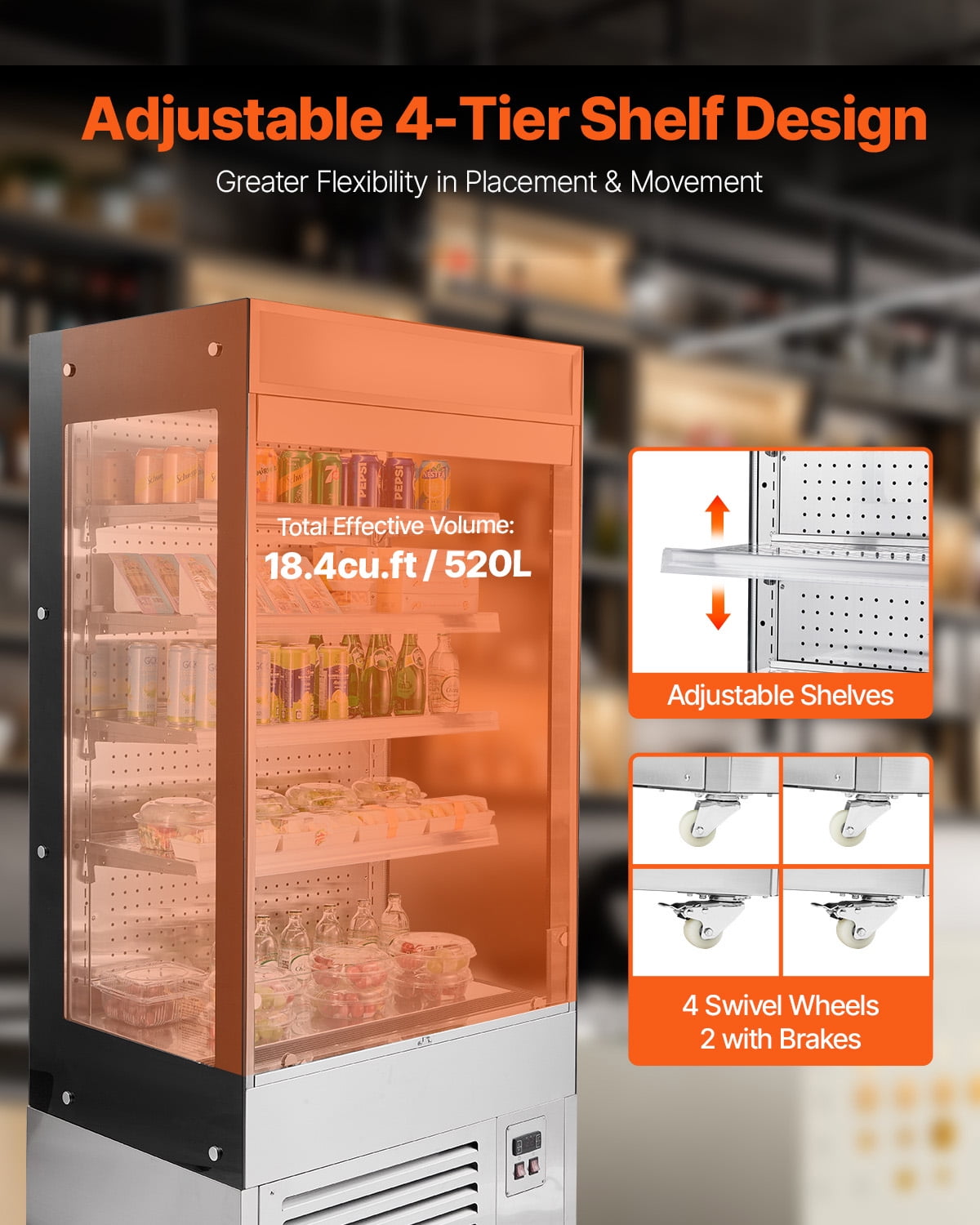 KFFKFF Outdoor Display Fridge, 4-Level Rack Business Freezer, Quick Access Showcase Chiller with Air Veil, Illuminated Promotion Lamp, Suitable for Eateries, Shops, Workplaces, 18.4 cubic feet.