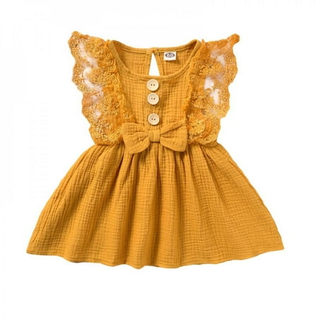 

Popvcly 1Pc Summer Baby Girl Fashion Sleeveless Lace-edged Dress Yellow 90