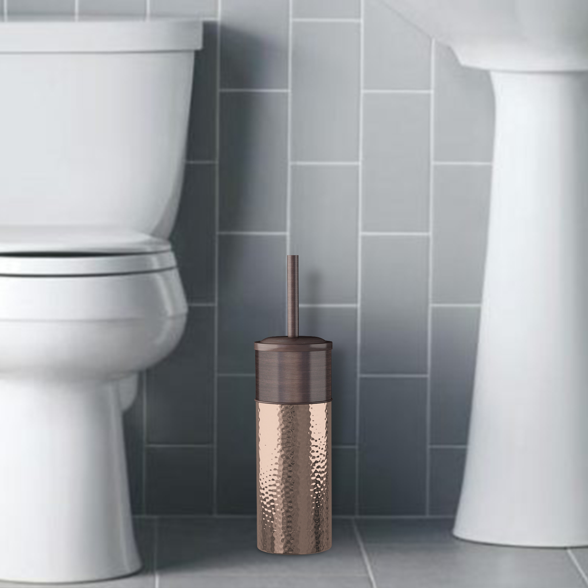 Slim Compact Stainless Steel Toilet Brush Holder For Bathroom Storage - Sturdy, Deep Cleaning, Metal in a Hammered Copper/Orb Finish combination.