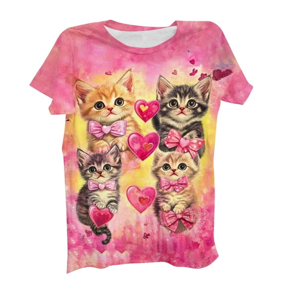 Womens Valentine's Day Cat Lover T-Shirt, Cute Kitten & Hearts Graphic Tee All Over Print, Soft Stretch Casual Shirt, Sizes S-5XL,Size L