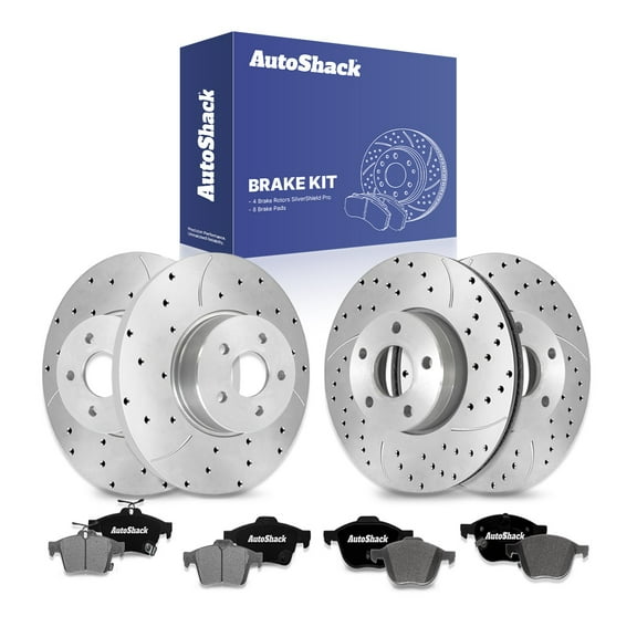 AutoShack Front & Rear Drilled & Slotted Brake Rotors Ceramic Brake Pads | Replacement for 2012-2018 Ford Focus FWD | Silver Zinc Coated | 12-PC Brake Kit | SilverShield Pro