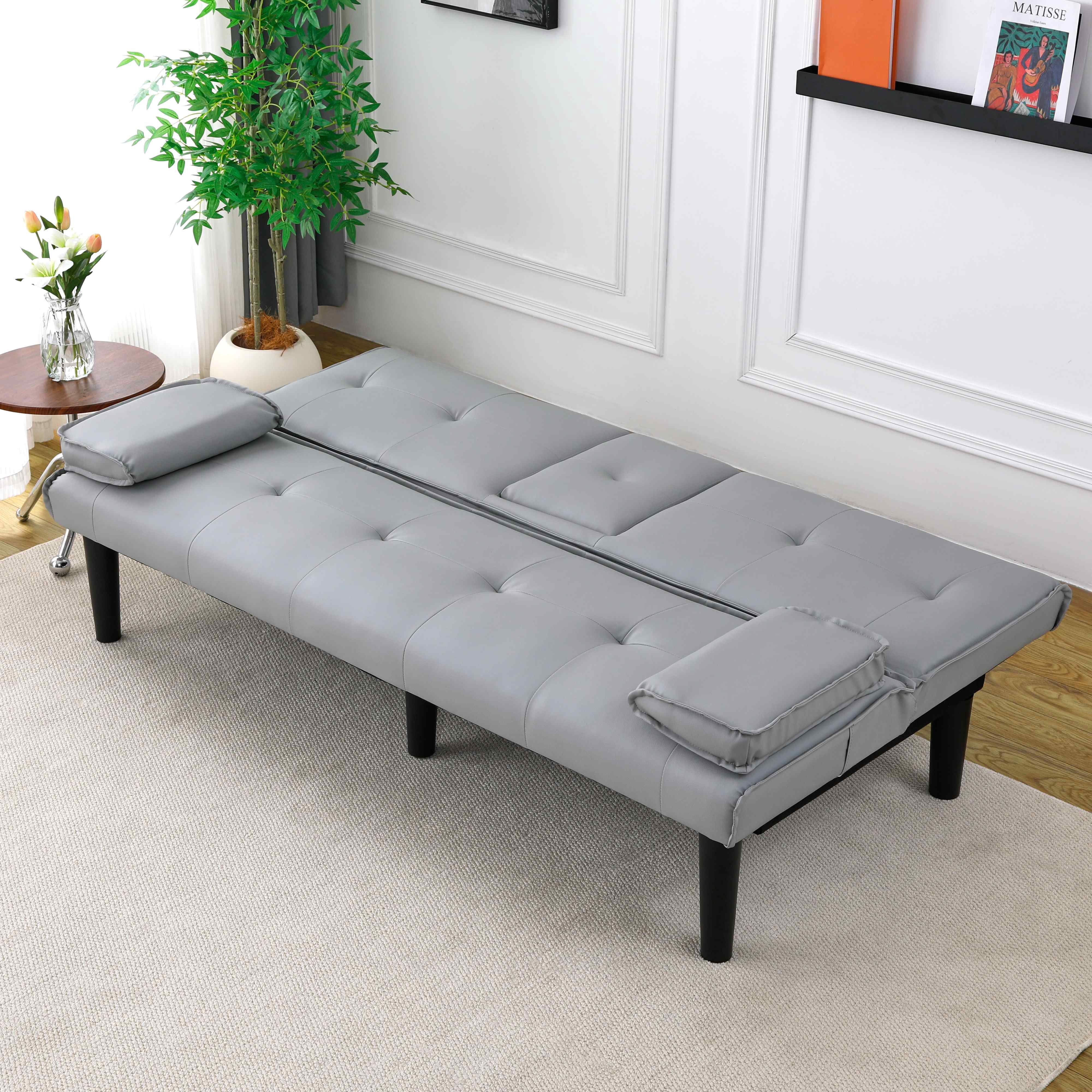 FFH 67" Futon Sofa Bed Loveseat Sleeper with Cup Holders, Folding PVC Couch for Small Spaces, Gray