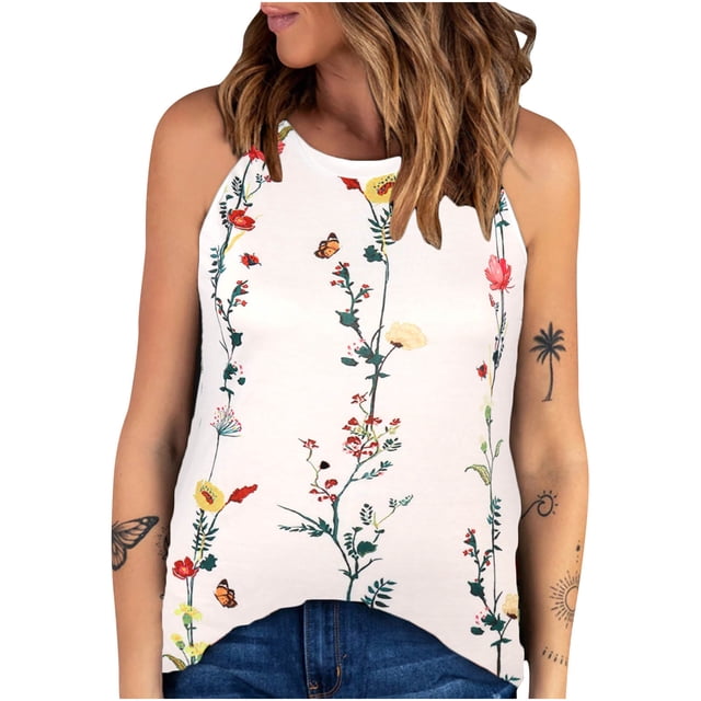 Verano mujer moda cuello redondo sin mangas estampado Casual Tee Tops Wmkox8yi bvn3577