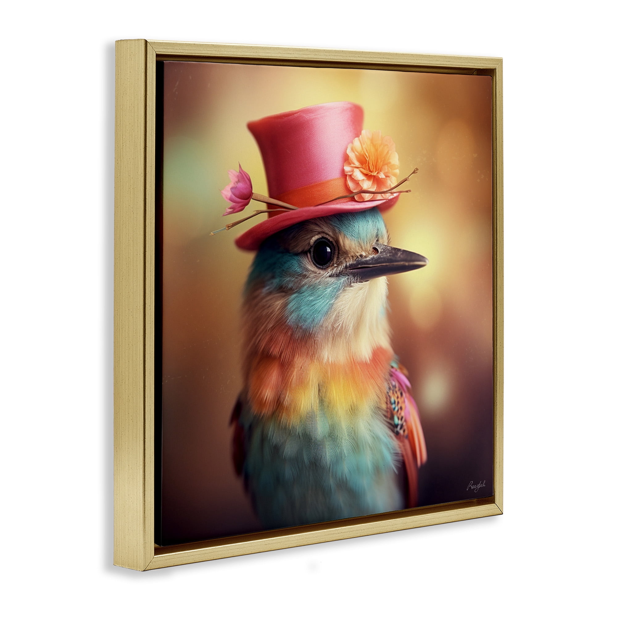 Stupell Industries Pastel Bird in Hat Animals & Insects Painting Gold Floater Framed Canvas Art Print Wall Art, 18 x 18