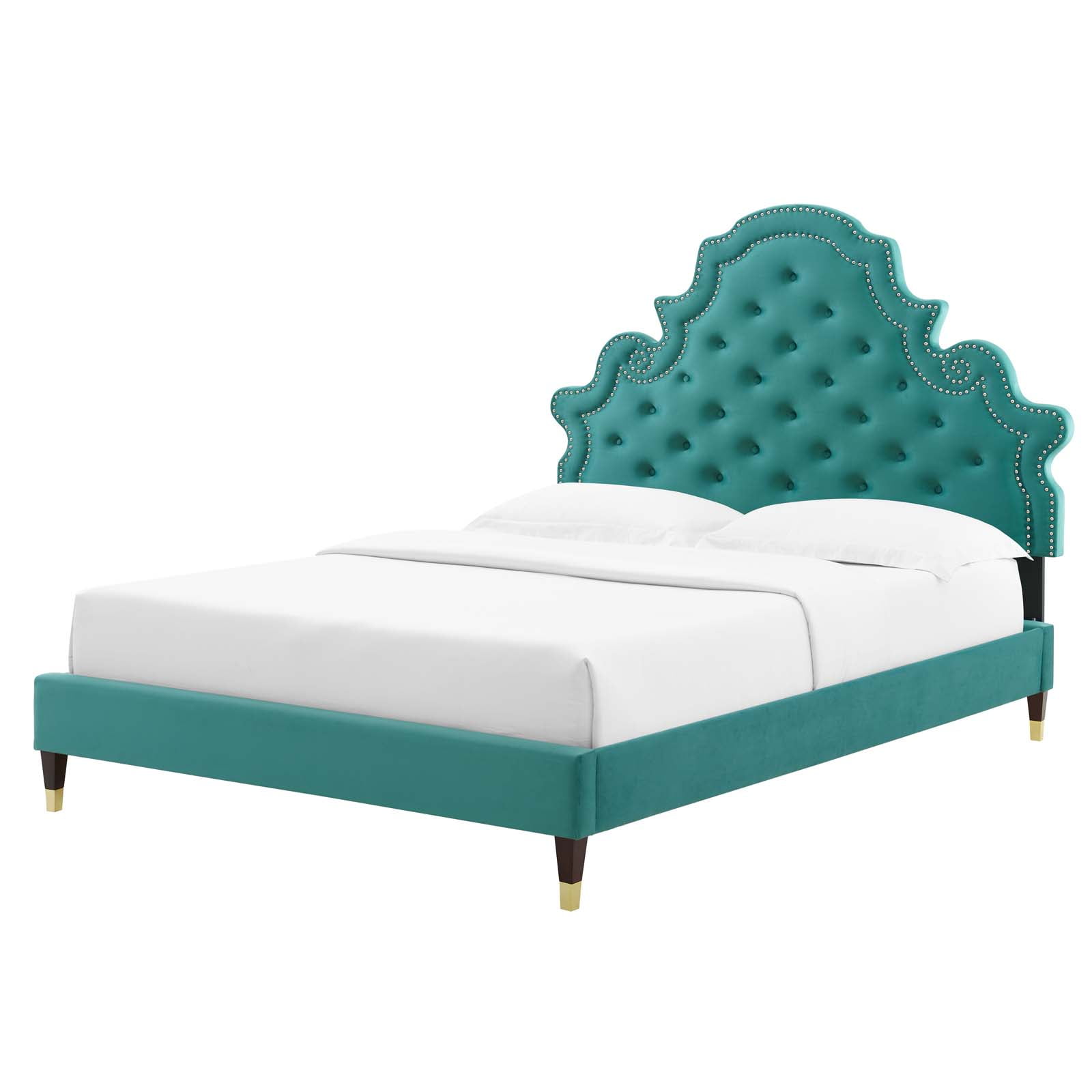 Tufted Platform Bed Frame, King Size, Velvet, Teal Blue, Modern