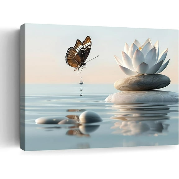 Lotus Flower Bloom in Water Canvas Wall Art Zen Spiritual White Floral Print Painting Pictures Framed Artwork Inspired Wall Art Decor for Zen Meditation Yoga Home Spa Zen Bedroom Bathroom Living Room