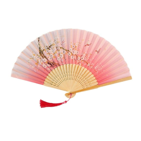 Pink Folding Chinese Fan for Women - 8.19in Bamboo & Simulated Silk Hand Fan with Hollowed Fringe, Foldable for Wedding/Dancing/Party/Home Decor
