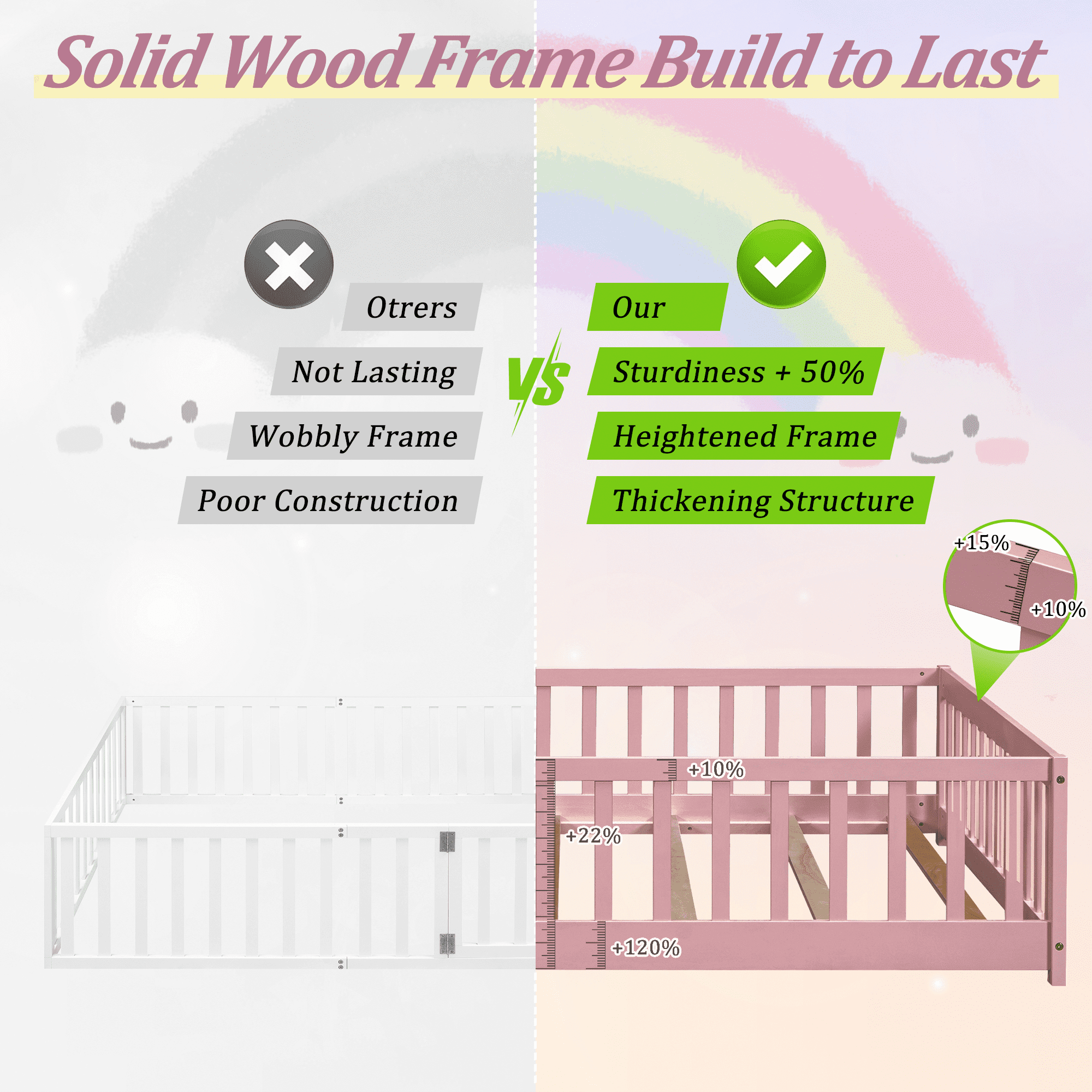 UHOMEPRO Twin Size Floor Bed with Fence and Door, Low Profile Montessori Floor Bed for Crib Transition, Solid Wood Cute Bed Frame with Slats Supports, Easy Assembly, No Box Spring Needed, Pink