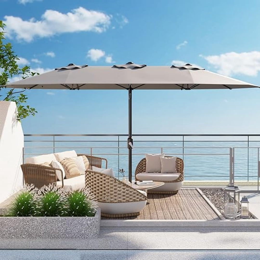 13FT Outdoor Umbrellas for Patio, Double-Sided Rectangular Patio Umbrella Market Umbrella with Base Waterproof and Windproof Fade Resistant Canopy for Deck Pool Garden Backyard