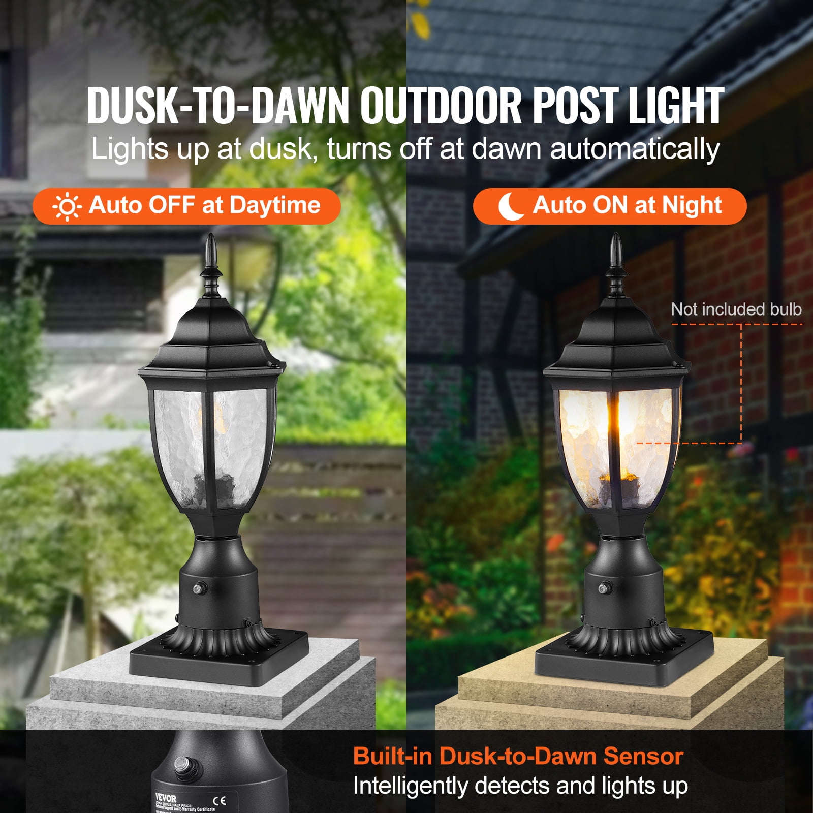 KFFKFF 2 Set Twilight to Sunrise Outdoor Post Light, 15.35 in, Weather-Resistant Lamp Post Lights with 3.5 in Base for Pier Mount, Glass Enclosure, Resilient Against Lightning