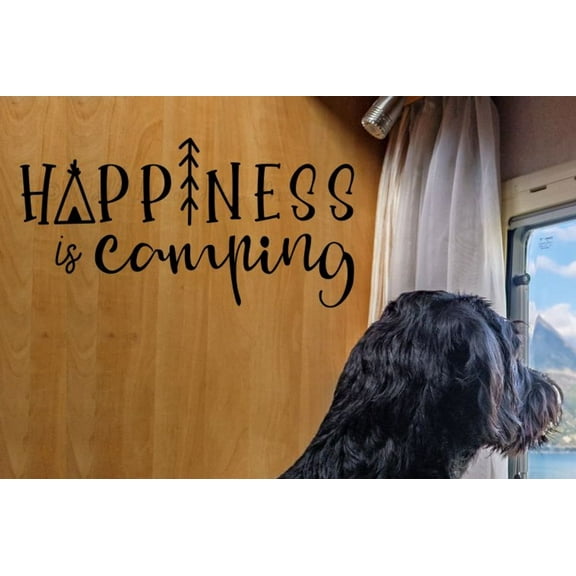 Happiness is Camping RV Decals - Vinyl Camper Decals - Vintage RV Art Die-Cut Vinyl Graphics for RV - RV Camper Decals Sayings for Wall Decor - Decals for RV Trailers, 23x12-Inch, Black
