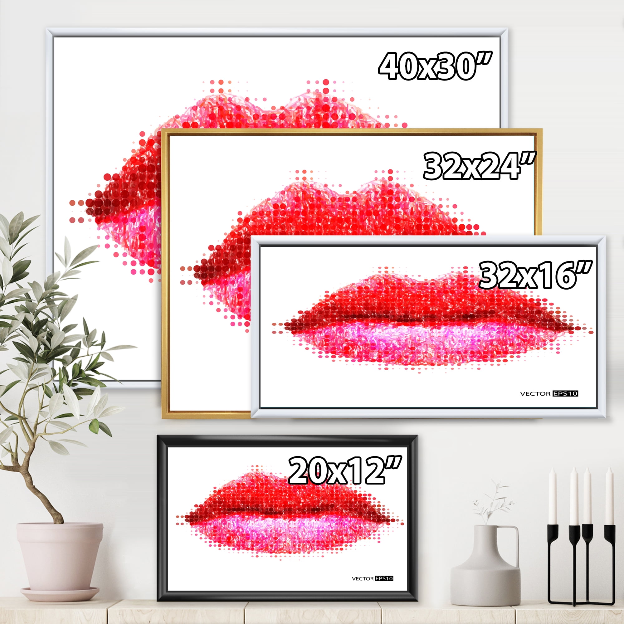 Designart 'Abstract Red Woman Lips in Pixels' Modern Framed Canvas Wall Art Print