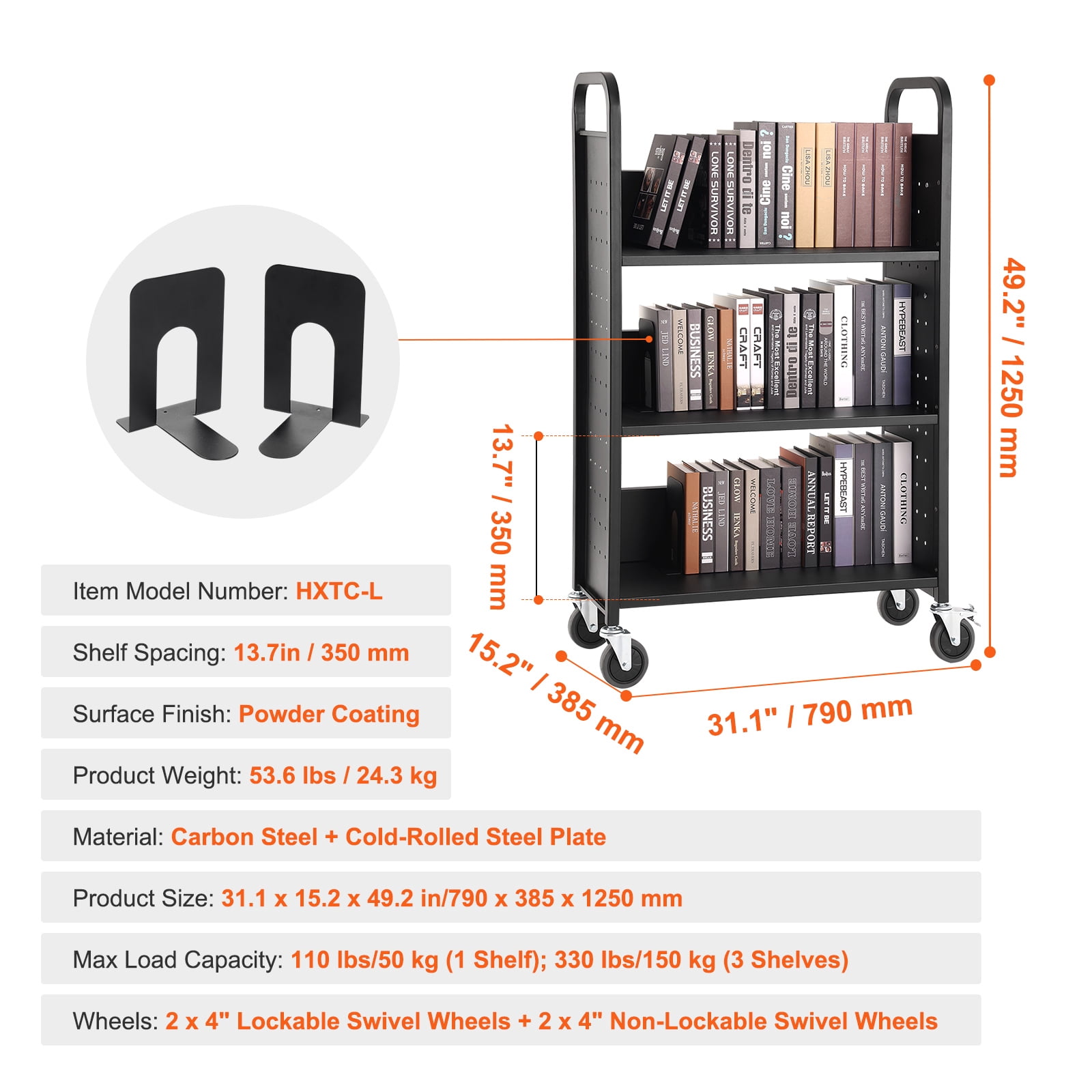BENTISM Book Cart, 330 lbs Library Cart, 31.1" x 15.2" x 49.2" Rolling Book Cart, Single Sided L-Shaped Flat Shelves with 4-Inch Lockable Wheels for Home Shelves Office and School,Black