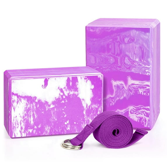 QUANFENG QF Yoga Blocks 2 Pack Plus Yoga Strap with Metal D-Ring for Yoga Pilates Fitness & Gym (Purple, 9"x6"x4" )