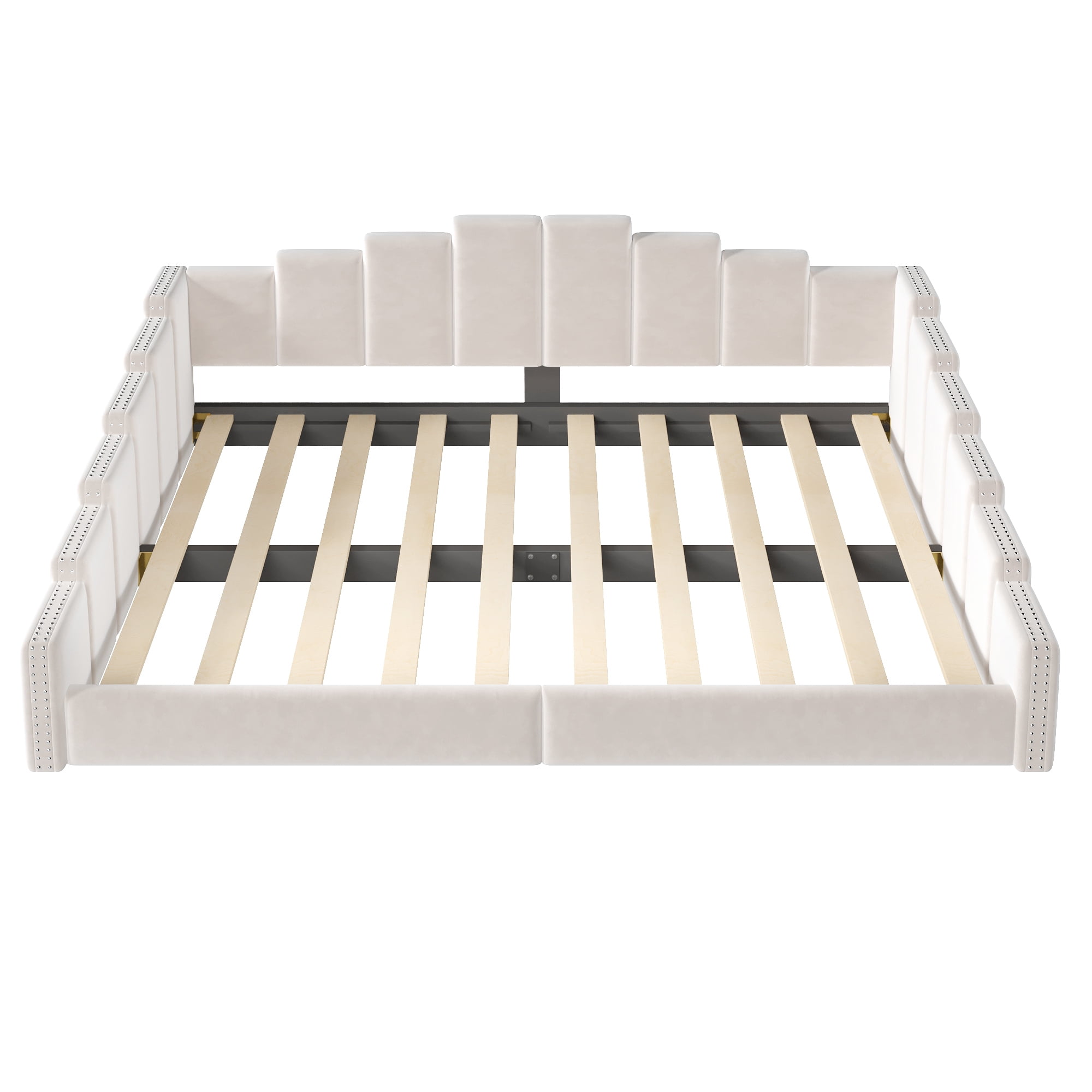 Euroco Upholstery Queen Size Daybed, Velvet Sofa Platform Bed with Nailhead Trim, No Box Spring Needed, Beige