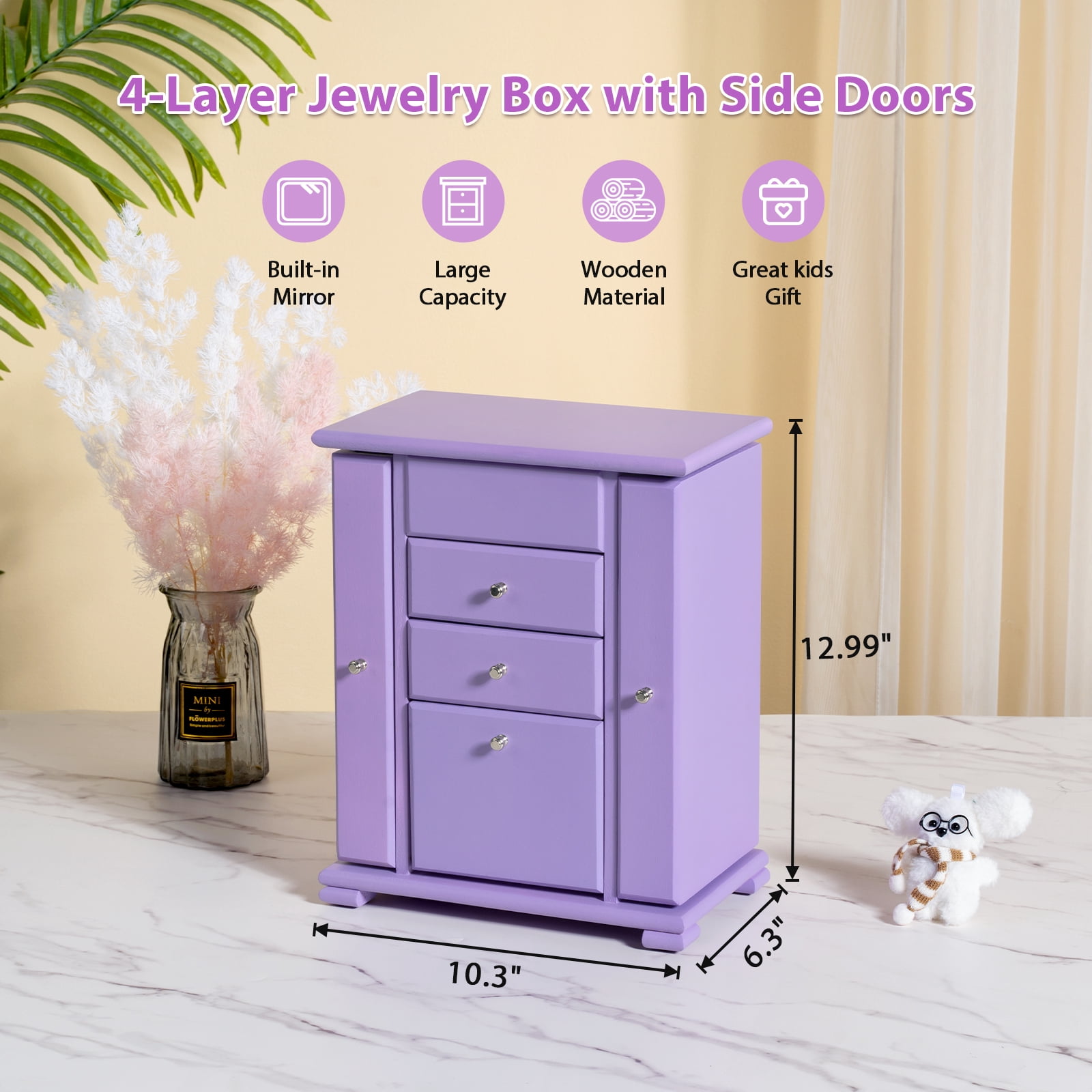 Sfugno Music Jewelry Box for Girls, Wooden Jewelry Boxes & Organizers with Mirror, 4 Layer Jewelry Organizer Box Display for Rings Necklaces Bracelets,Purple