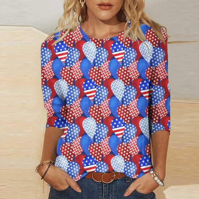 Hauts d'Été pour Femmes 2023 Mode Féminine Manches Trois-Quarts Col Rond Rétro Imprimé Indépendance Hauts Amples Blouse Manches Trois-Quarts T-Shirts pour Femmes en Solde
