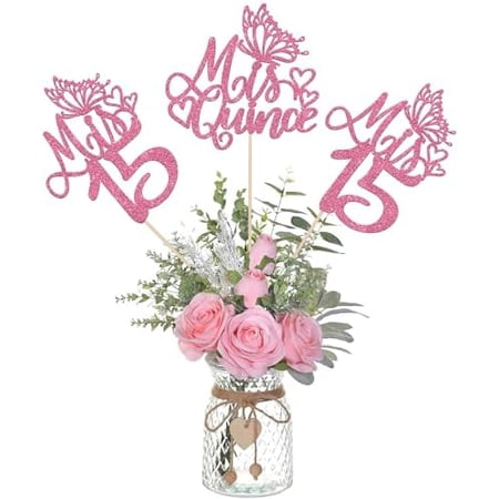 12 PCS Mis 15 Centerpiece Sticks Glitter Happy 15th Birthday Centerpieces Mis Quince 15 Fabulous Floral Decorations for Cheers to 15 Years Birthday Anniversary Party Table Centerpieces Supplies Pink