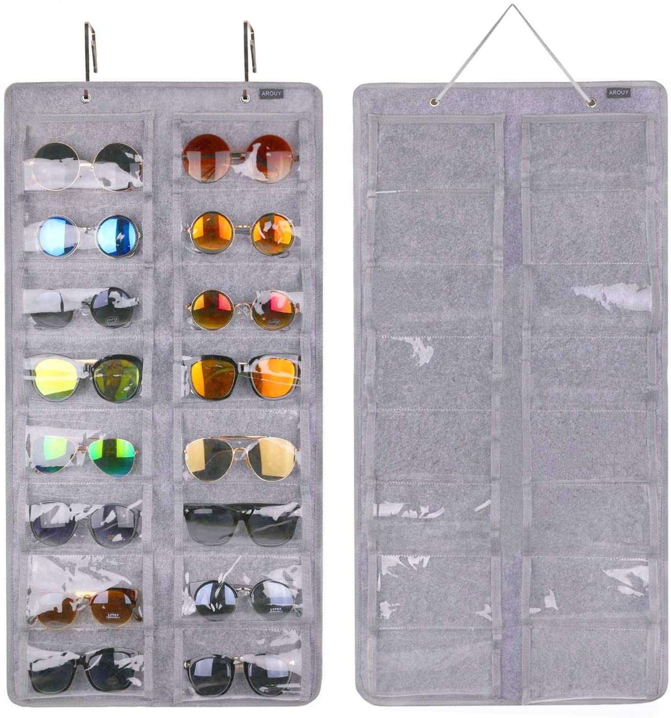 AROUY Sunglasses Organizer Storage Dust Proof, Grey 16 Felt Slots Sunglass Organizer Holder with Metal Hook and Sturdy Rope Hanging Dust Proof Wall Pocket Glasses Organizer 