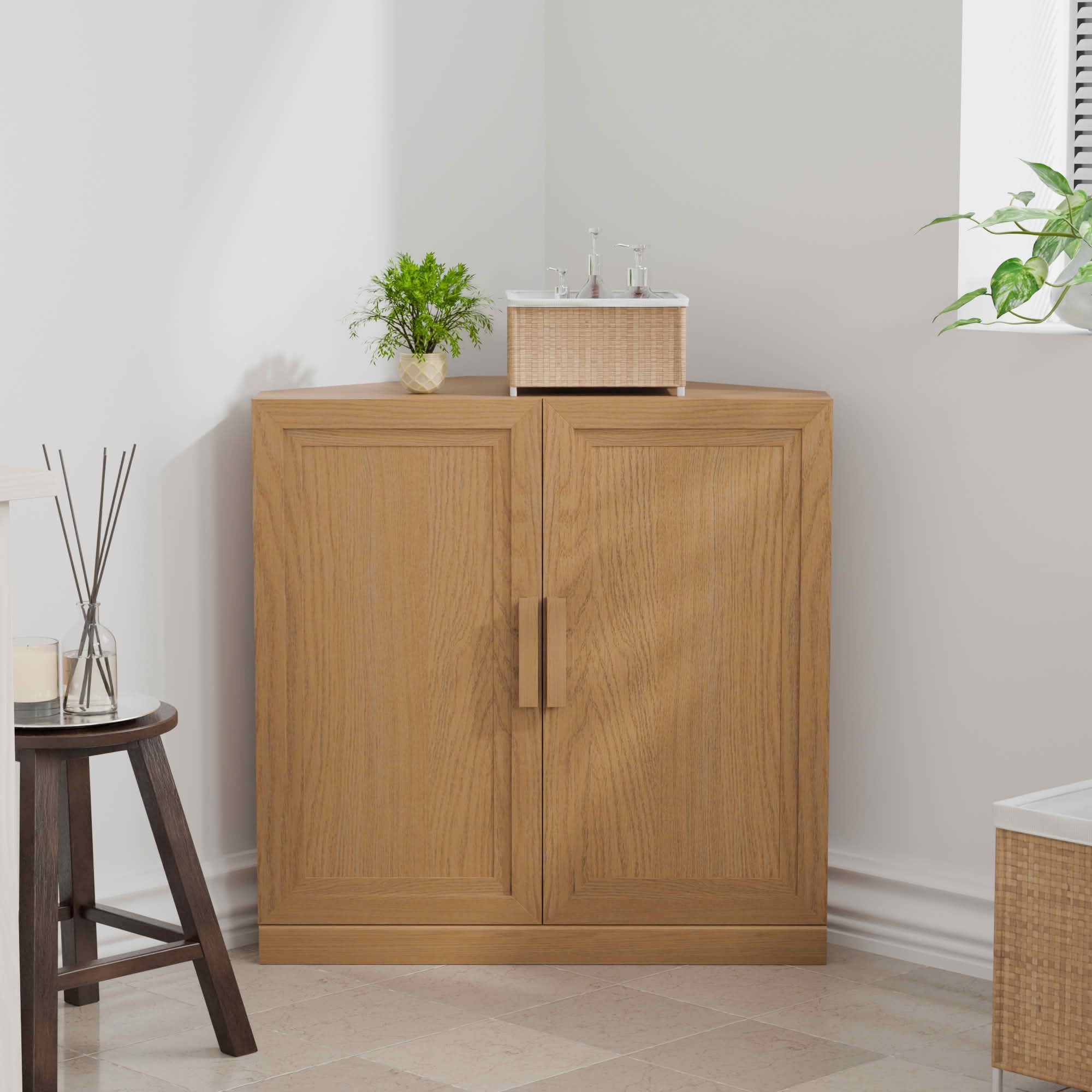 MAYEERTY 31x31x16 Inch Natural Wood Grain 2-Door Corner Storage Cabinet with Solid Wood Door