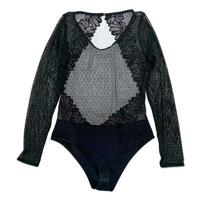 Body Secret Trasures para Dama de Mesh Manga Larga y Escote en Espalda de Encaje, con Broche en Entrepierna, Negro Talla G