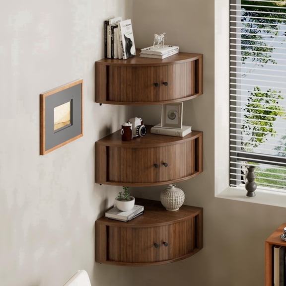 Fluted Corner Wall Cabinet Set of 3, Floating Corner Shelves with Sliding Doors, Wall Storage Organizer for Living Room