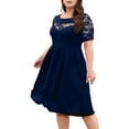 thumbnail image 3 of Plus Size Lace Chiffon Wrap Crew Neck Dresses Women Cocktail Wedding Guest Midi Dress Blue 4XL, 3 of 9