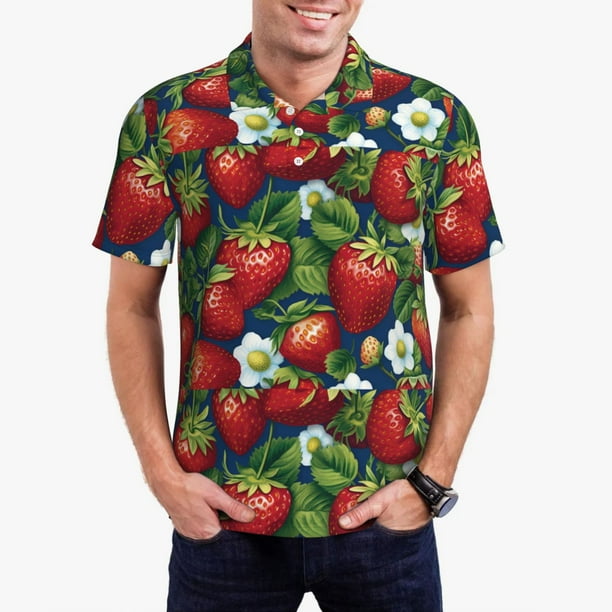 Fotbe Strawberry2 Camiseta Polo de Golf para Hombre con Estampado – Camisa Deportiva Transpirable con Cuello Abotonado-Small