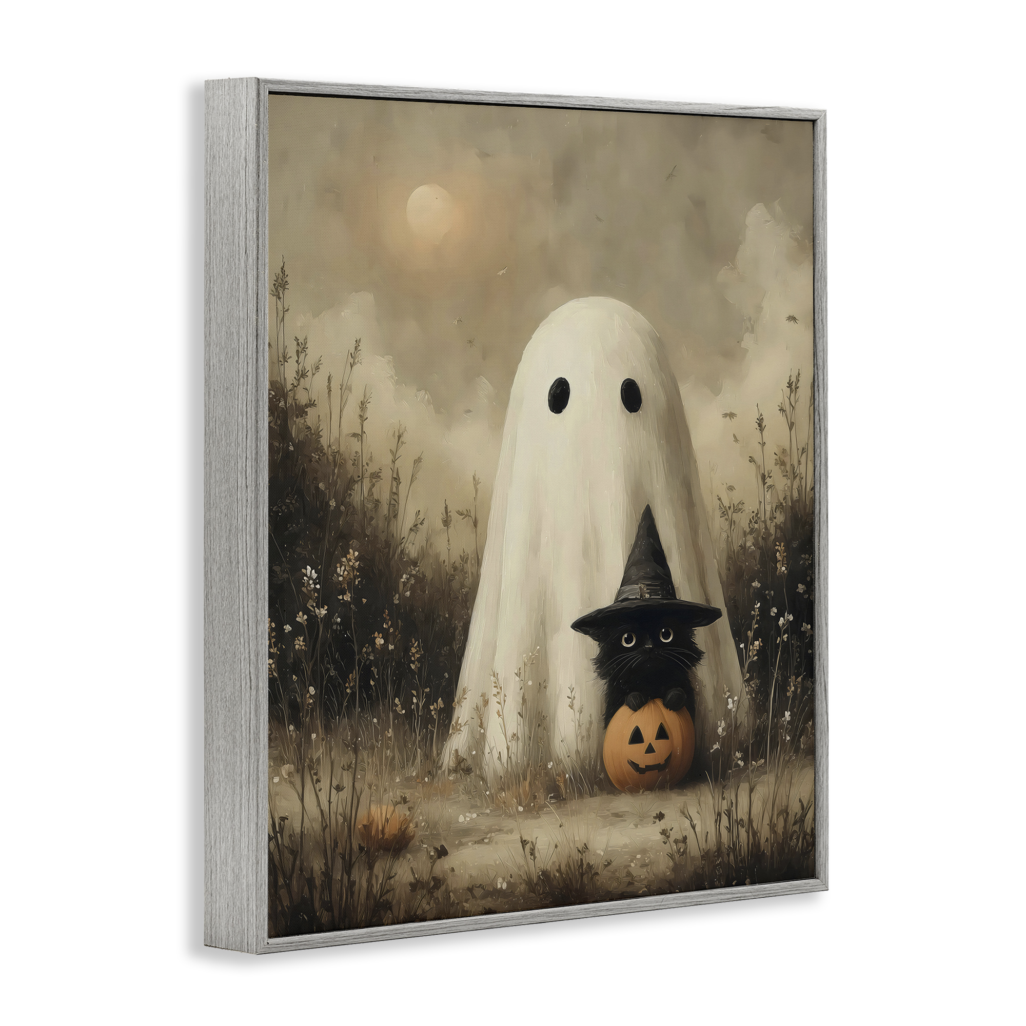 Ghost with Black Kitten Gray Framed Giclee Art, design by Arlington Prints