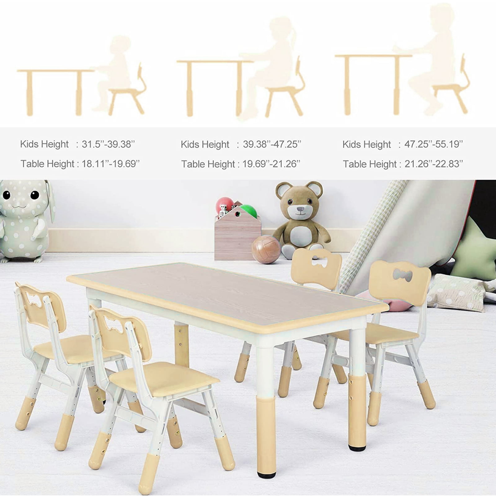 AuAg 47.2 Kid Table and 4/6 Chairs Set, Height Adjustable Toddler Study  Table&Chair Set for Age 2-10, Multi-Activity Art Table  W/Graffiti&Scrubtable Desktop, for Daycare, Classroom, Home 