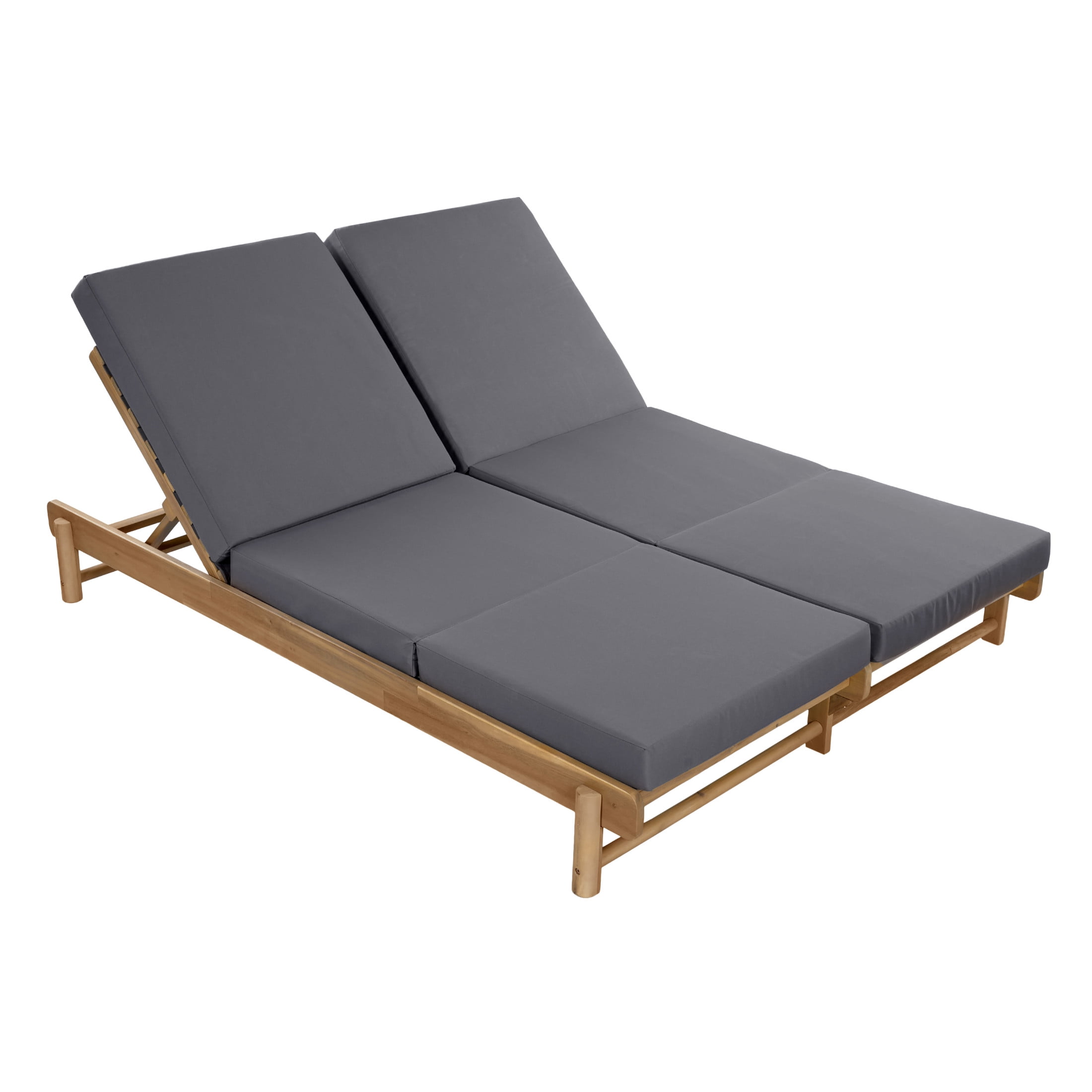 Christopher Knight Home Outdoor Adjustable Double Chaise Lounge with 3-Fold Cushions, Light Teak + Dark Gray