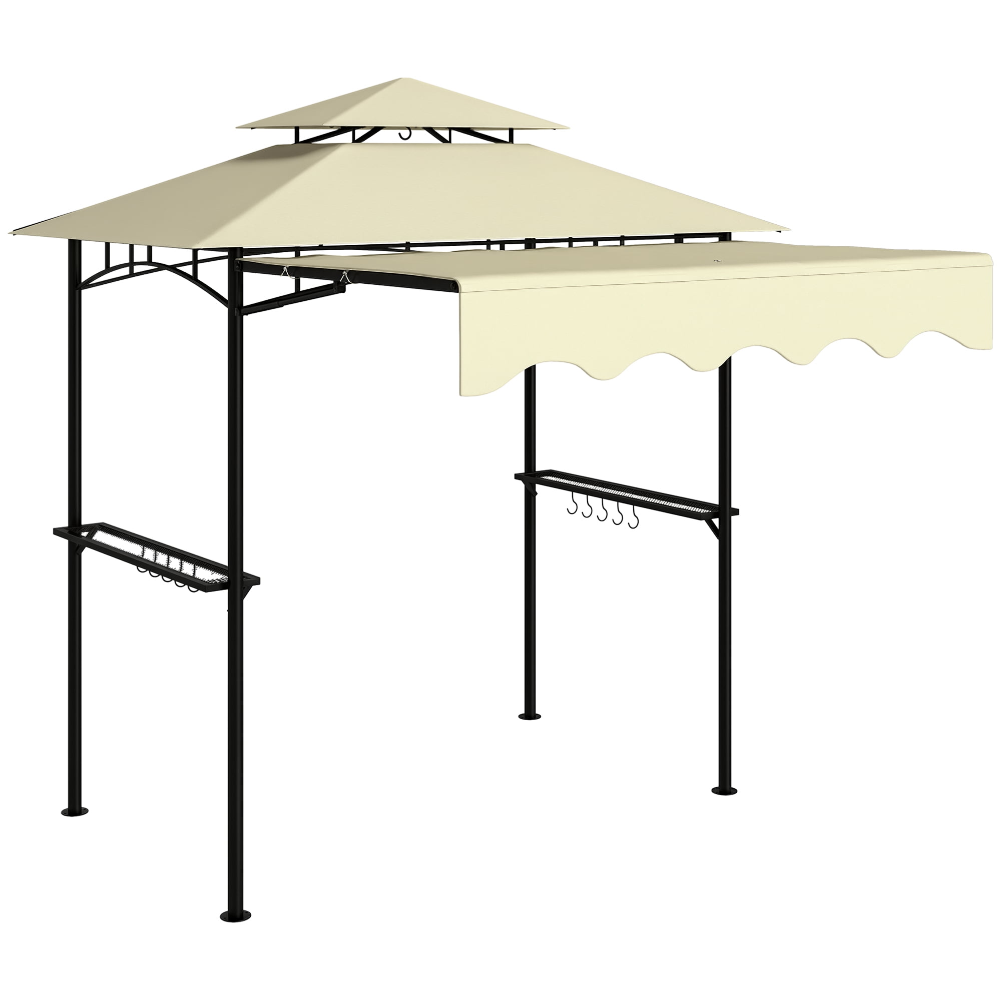 Outsunny 8' x 7.6' Grill Gazebo, Double Tiered Outdoor BBQ Gazebo with Side Awning, 2 Side Shelves and 6 Hooks for Patio, Deck, Yard, Beige