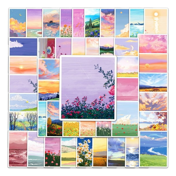 Paquete de pegatinas con pintura al óleo de paisajes, 50 unidades, Aesthetic Natur