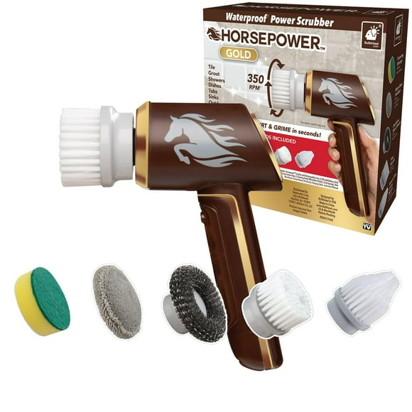 Horsepower Scrubber Gold Edition, Longer Battery Life, Electric Power, Rechargeable, Spins 350 RPM, Waterproof, 5 Brush Heads, AS-SEEN-ON-TV, Cleans Dirt