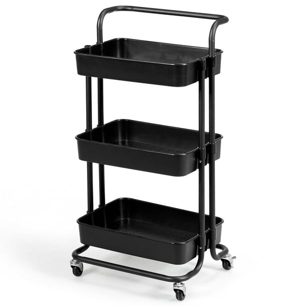 Costway Carrito Auxiliar de Almacenamiento con 4 Ruedas Universales 2 con Frenos Carga 60kg Carro de Cocina 3 Cestas de ABS Antioxidante
