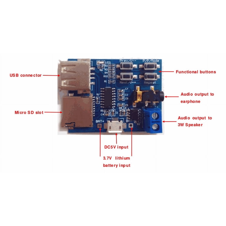 Low-Cost MP3 Decoder Board - 2W Mono Amplifier, Micro USB, TF Card & USB Playback, 3.5mm Jack