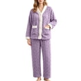 thumbnail image 3 of PNTUTB Women's Fleece Soft Warm Pajama Set Contrast V-neck Button Long Sleeve Pockets Top and Pant Fall Winter Loungewear Set, 3 of 7