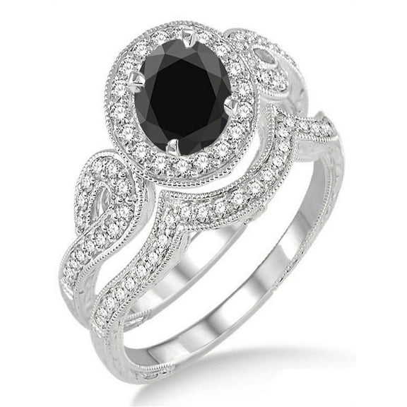 1.5 Carat Black Diamond Antique Halo Bridal Set Engagement Ring on 10k White Gold