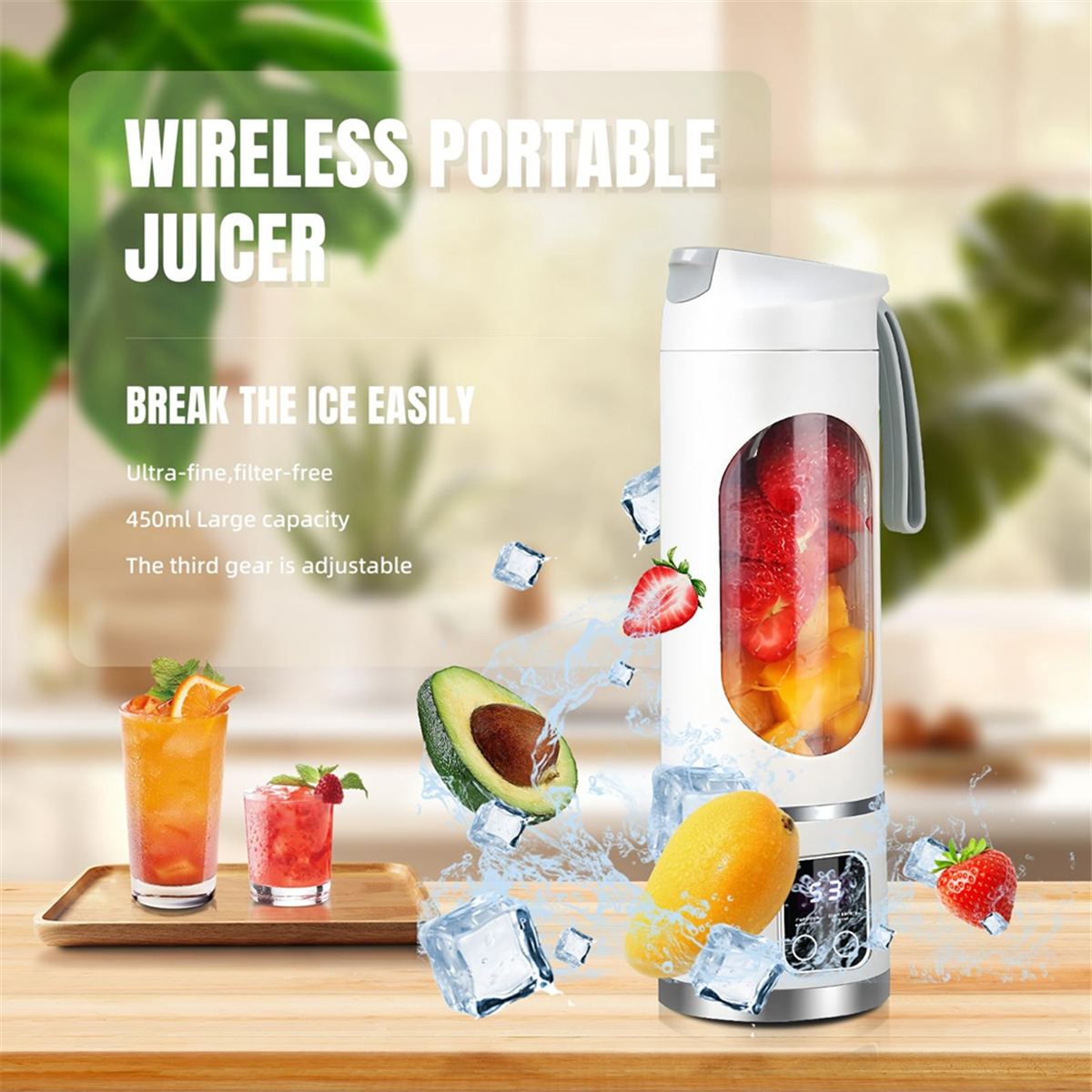 USB Rechargeable Portable Blender 8 Blade Mini Ice Crusher with Digital Display 3 Modes Portable Blender White