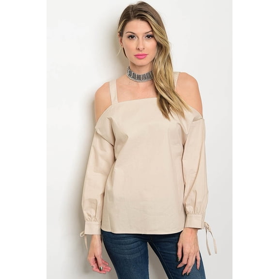 Loveriche Cold Shoulder Taupe Poplin Top Large
