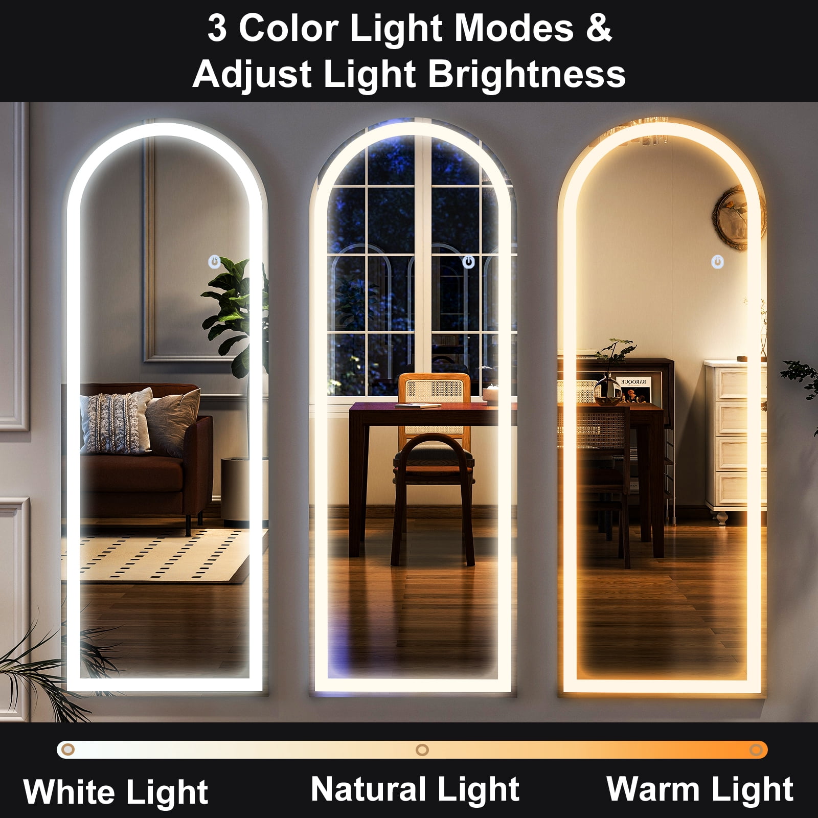 AUROMIR 71"x30" Arched Full Length Mirror with Lights LED Floor Mirror Dimming 3 Color Lighted Mirror
