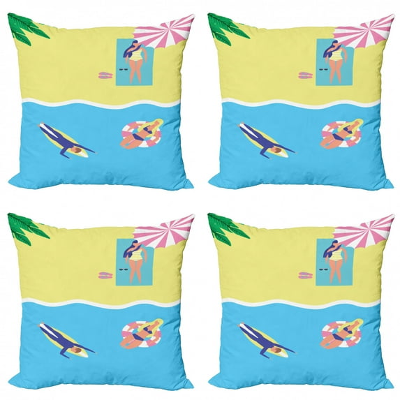 Ambesonne Graphic Beach Throw Pillow Cover 4 Pack, Summer Holiday People, 16", Multicolor
