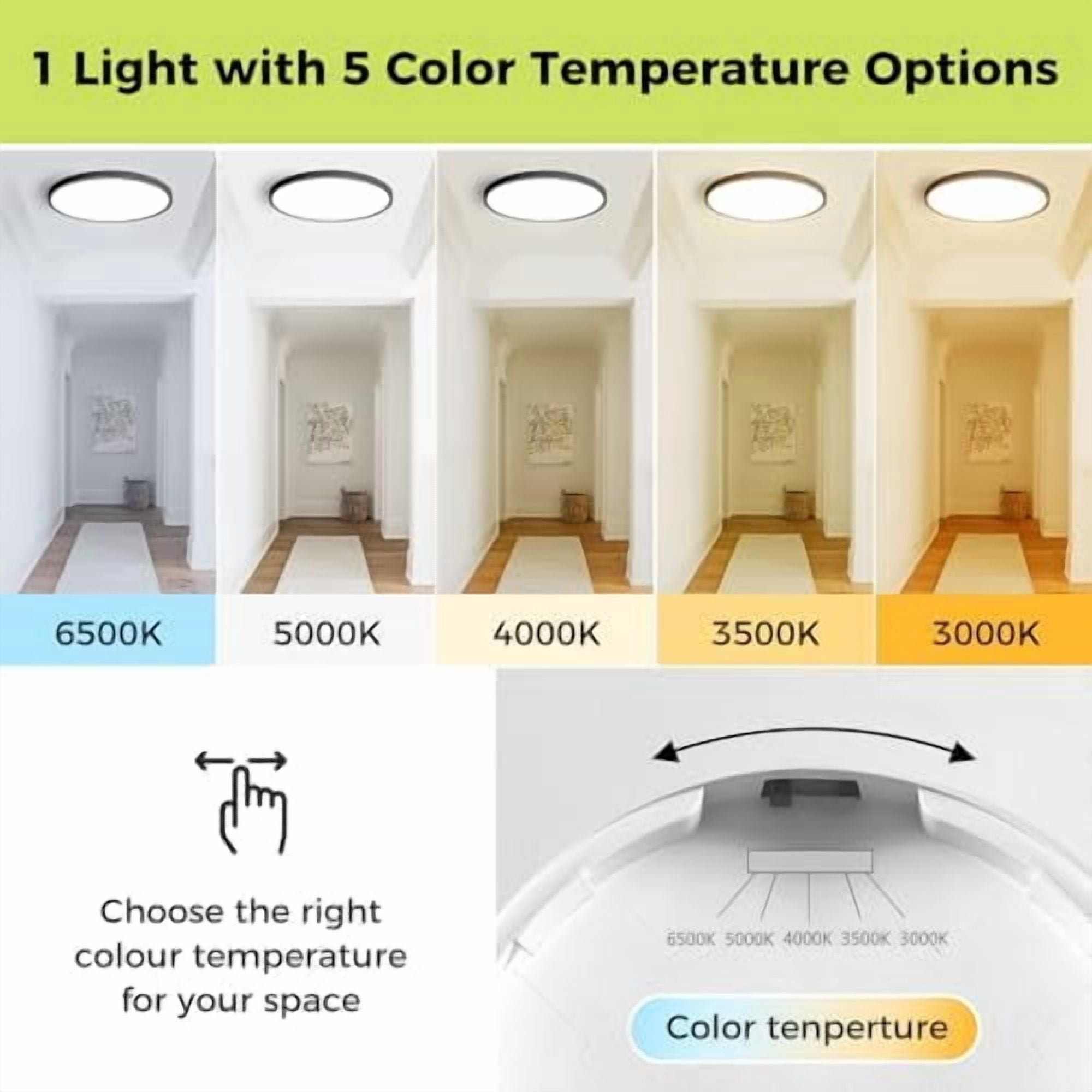 1Pack 13 Inch LED Flush Mount Ceiling Light, Dimmable & 5CCT 3000K-6500K, 24W 3200LM Ultra-Thin Black Round Light for Kitchen Hallway