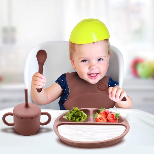 Juego de vajilla de silicona para niños de diez piezas Plato de cena separado de silicona para bebé Cuenco adicional Tenedor Cuchara Babero Juego de vajilla para madre y bebé