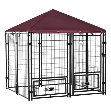 Outdoor Dog Kennel 5'x5', Pet Playpen with Canopy, Steel Wire Dog Run, Rotating Bowl Holders, Walk-in Gate, Red