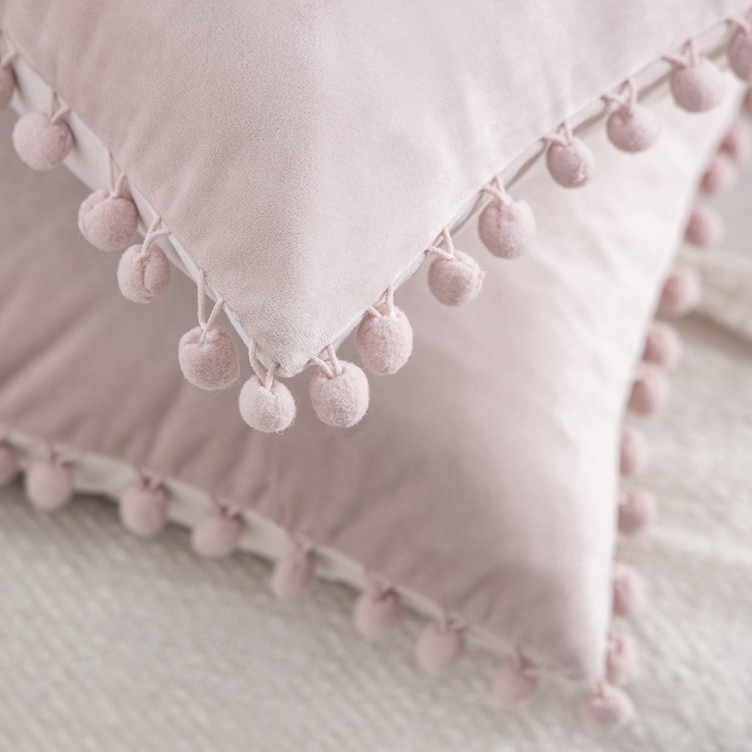 Phantoscope Light Pink Throw Pillow Covers 2 Pack, 12" x 20" Velvet Decorative Pillow Cases with Pom Poms, Soft Square Cushion Covers for Couch Sofa Bed