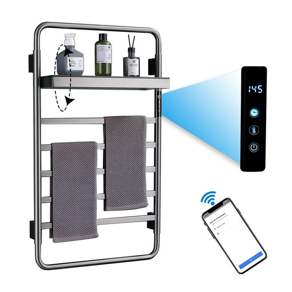 Heated Towel Rack Grey 65W Smart WiFi Towel Warmer Voice Control with Foldable Top Shelf, Hot Towel Rack with Timer, 115°F—155°F, 5 Bars Towel Heater Rack for Bathroom, IPX4 Wall Mounted
