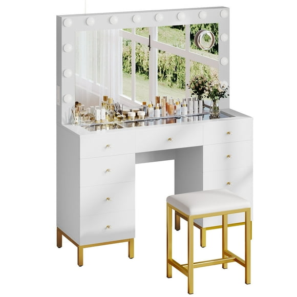 Vanity Table Set with 3 Color Lighted Mirror & Charging Station & Stool, Modern Makeup Vanity Dressing Table with 9 Drawers for Bedroom, Gold and White Vanity Desk for Women Girls
